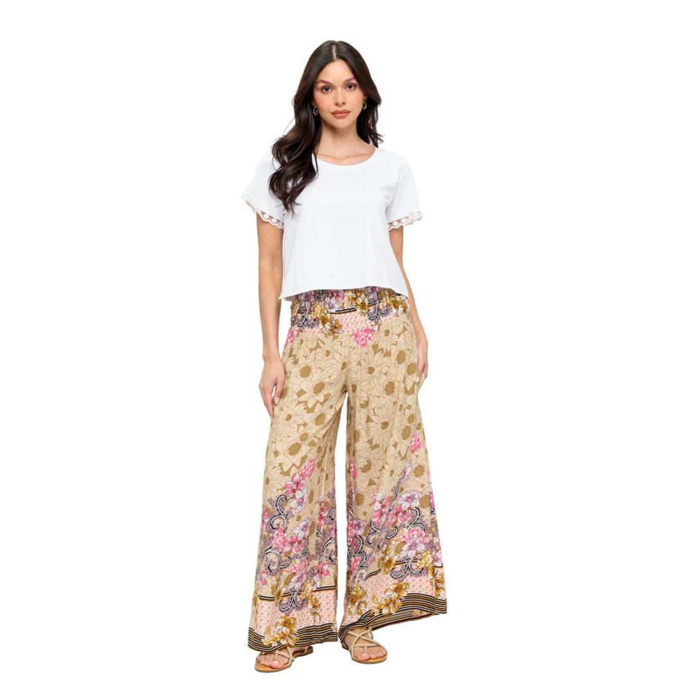 Wide Leg Floral Print Palazzo Pants - Beige Pink